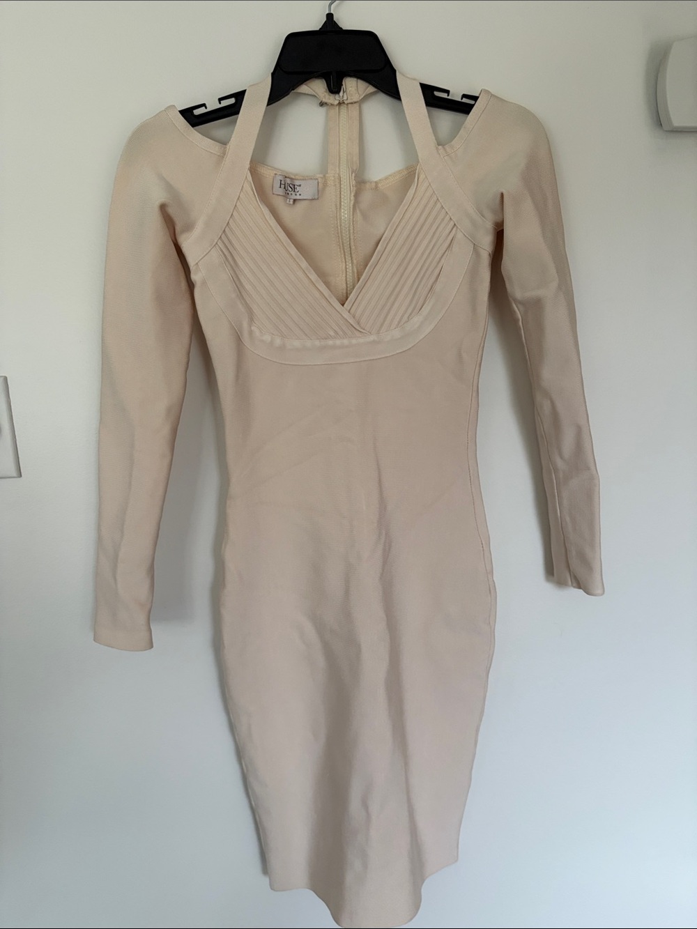 House of CB Cream Long-Sleeve V-Neck Bodycon Dress